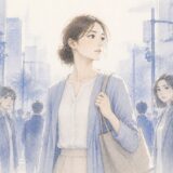 人混みの中で、周囲からの視線を感じながら立つ女性の水彩イラスト