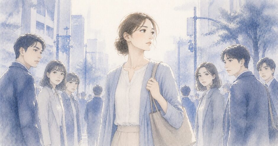 人混みの中で、周囲からの視線を感じながら立つ女性の水彩イラスト