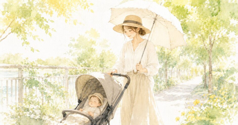 帽子と日傘で紫外線対策をしながら散歩する母親