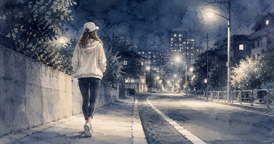 夜道を颯爽と歩く女性のイラスト