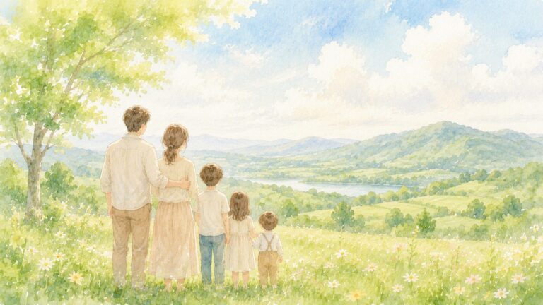 丘の上で景色を眺める後ろ姿の家族の水彩風イラスト