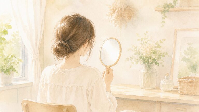 手鏡で自分の顔を見つめる女性の後ろ姿の水彩風イラスト