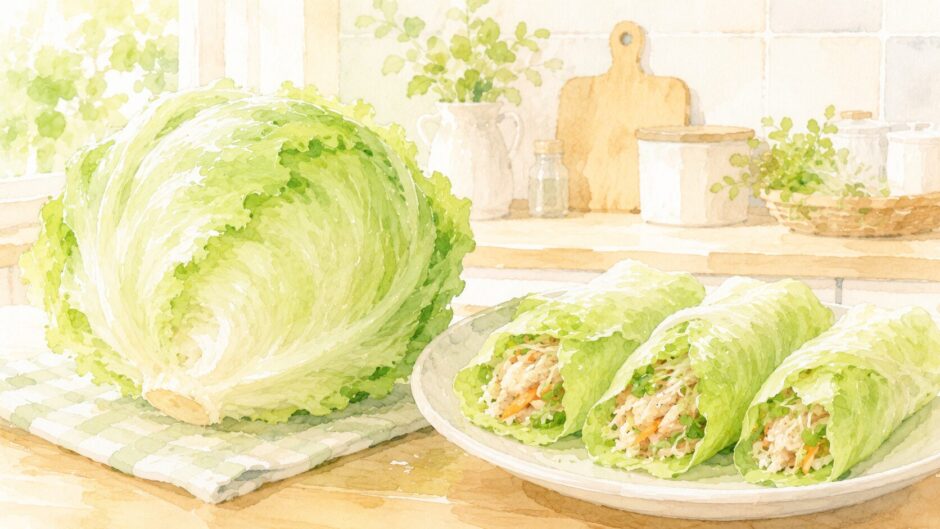 みずみずしいレタス1玉とレタス巻きが並ぶ明るいキッチンの水彩風イラスト
