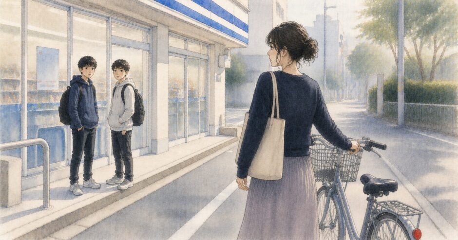 コンビニ前で視線に気づく女性のイラスト