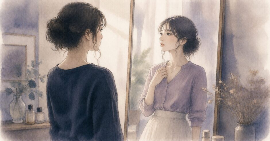 現在と過去の自分。鏡の前に立つ女性のイラスト