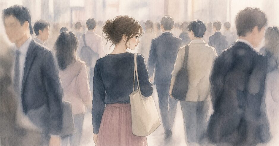 雑踏の中を歩く女性の後ろ姿のイラスト
