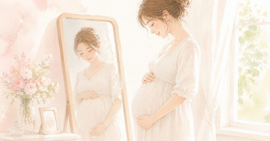 妊娠21週、お腹の変化を感じている妊婦さんのイラスト