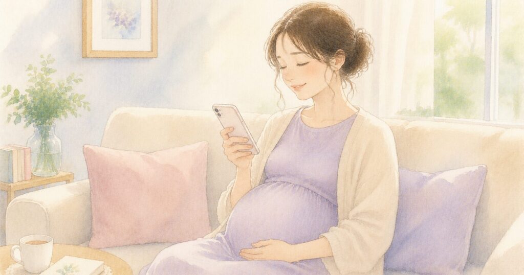 スマホを見て、ほっとした表情でお腹に手を当てる妊婦のイラスト