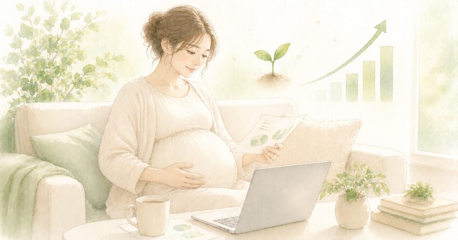 資産のグラフを見ながら穏やかに過ごす妊婦さんのイラスト