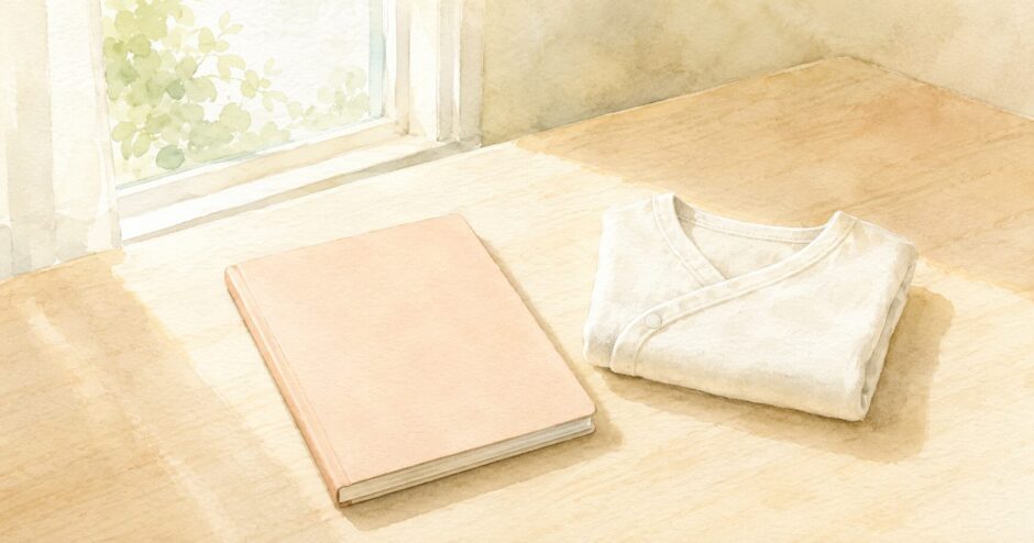 母子手帳と小さな肌着の朝のイラスト