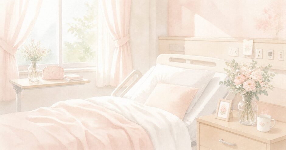 帝王切開後の入院生活をイメージした病室のイラスト