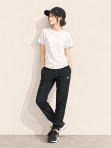 私服の制服化コーデ。黒のジャージとシンプルなTシャツ