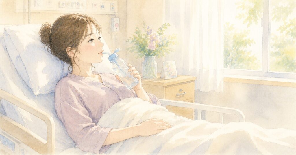 病院のベッドで寝たまま、ストロー付きキャップのペットボトルで水を飲む女性のイラスト