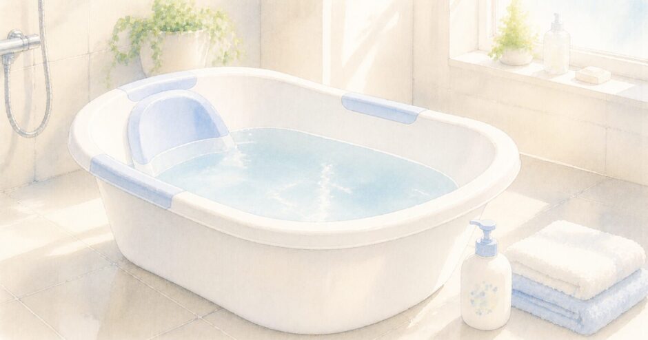 お風呂場の洗い場に置かれた、大きめの白いベビーバスの水彩イラスト