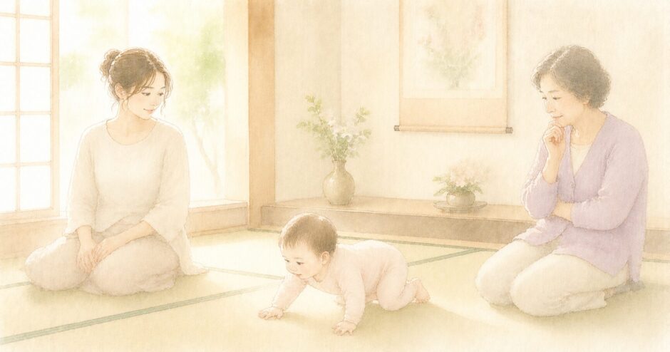 赤ちゃんを見守る母親と義母のイラスト（育児観の違いを考えた体験談）