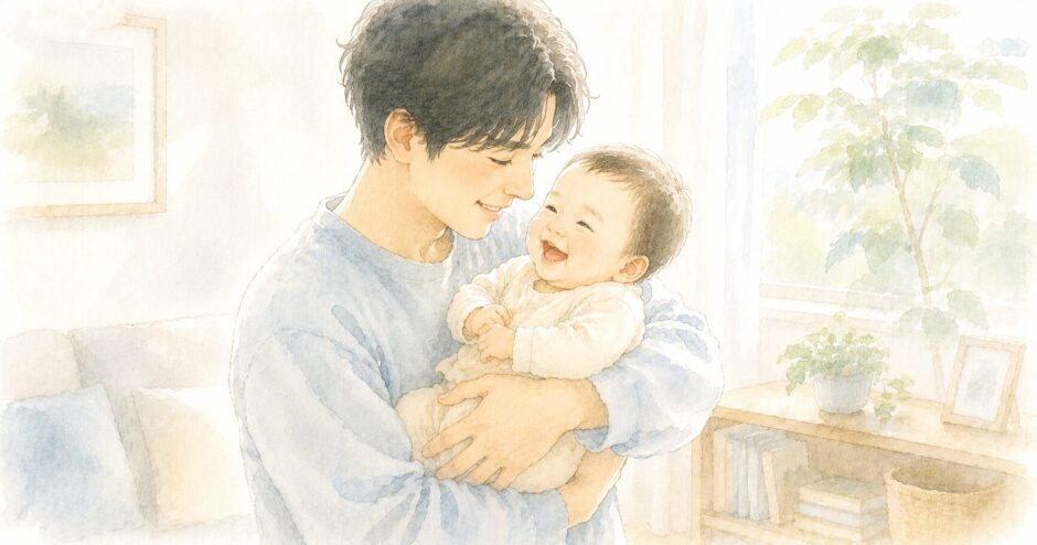 赤ちゃんを抱っこして微笑む父親のイラスト