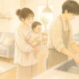 パパがキッチンで洗い物をしていて、ママが生後9ヶ月くらいの赤ちゃんを抱っこしながら、そばで微笑んで見守っている。