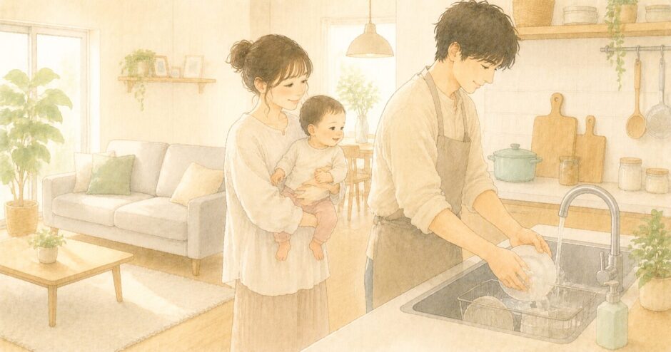 パパがキッチンで洗い物をしていて、ママが生後9ヶ月くらいの赤ちゃんを抱っこしながら、そばで微笑んで見守っている。
