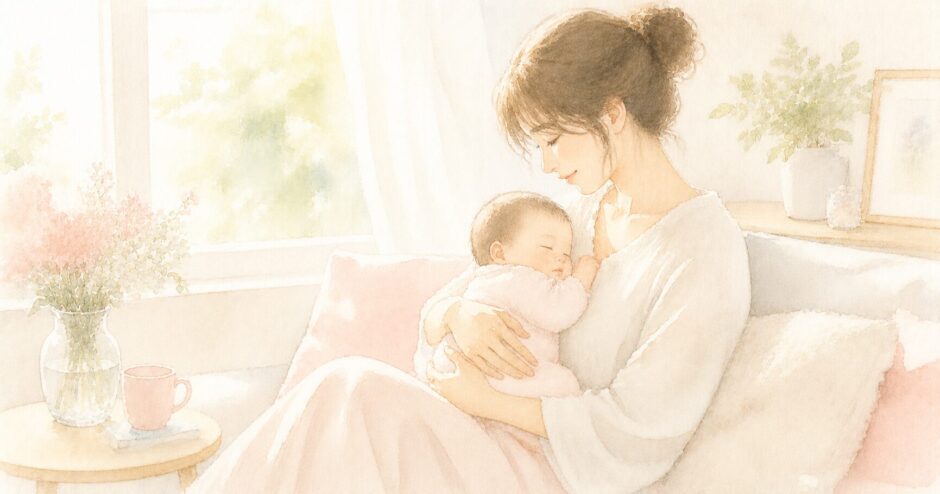 赤ちゃんを抱いて穏やかに微笑む女性のイラスト（高齢妊娠のメリットを実感した41歳の体験談）