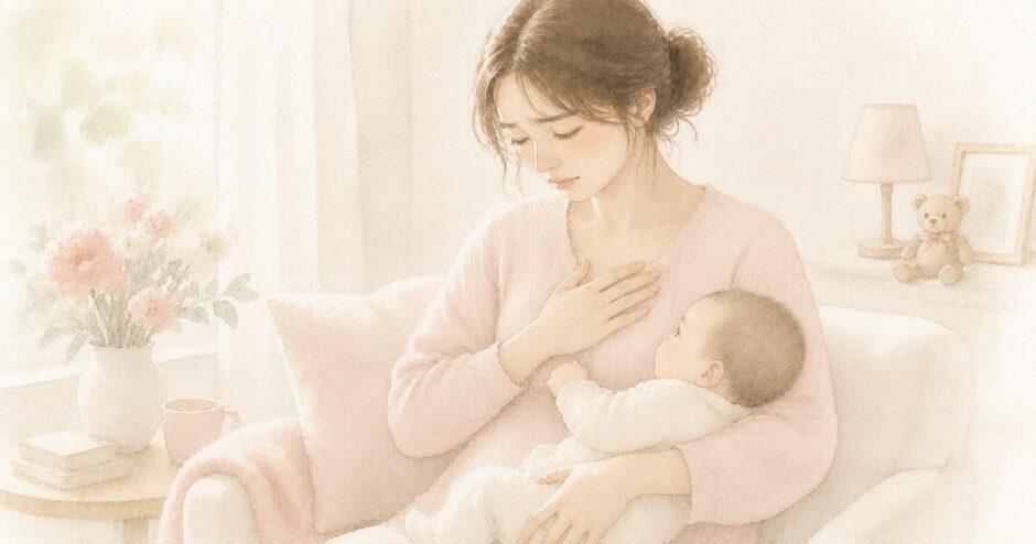 胸の痛みを心配しながら赤ちゃんを抱くママのイラスト（乳腺炎になりかけた体験談）
