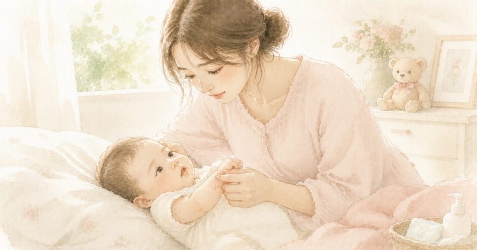 赤ちゃんの蕁麻疹と乳アレルギーの疑いに悩むママのイラスト