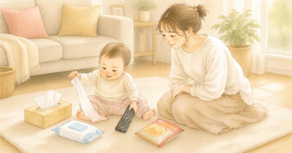 おもちゃや日用品で遊ぶ赤ちゃんとママのイラスト