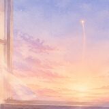 朝焼けの空にのぼっていく小さな光と、窓辺のカーテンの水彩イラスト