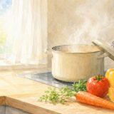 朝の台所で湯気の立つ鍋と、色とりどりの野菜の水彩イラスト