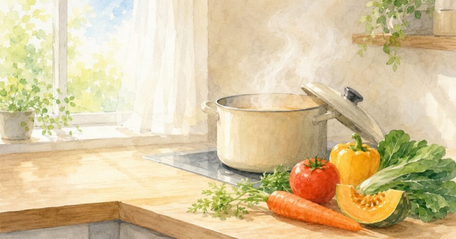 朝の台所で湯気の立つ鍋と、色とりどりの野菜の水彩イラスト