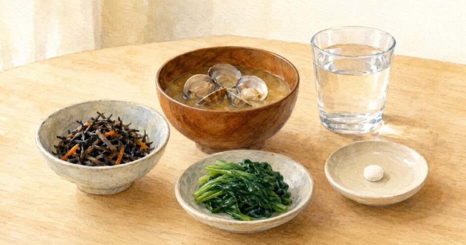 ひじきや貝のお味噌汁が並ぶ食卓と、水のグラスと錠剤ひと粒の水彩イラスト