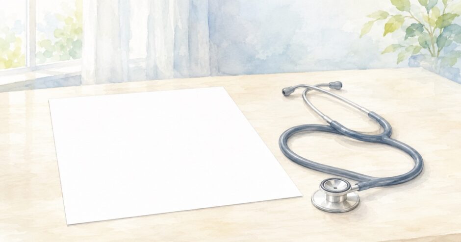 机に置かれた白い検査用紙と聴診器の水彩イラスト