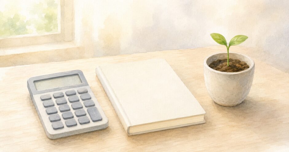 机の上の電卓とノート、芽の出た植木鉢の水彩イラスト