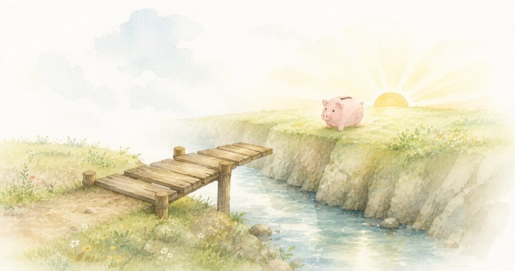 谷の途中まで架かった木の橋と、向こう岸の貯金箱と朝日の水彩イラスト