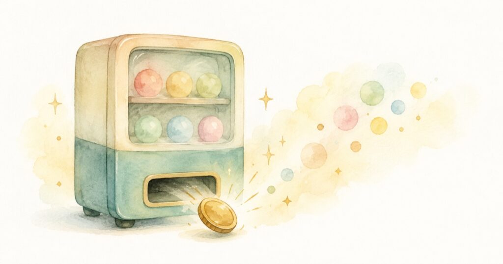 硬貨がひとつコロンと出てくる、小さな自動販売機の水彩イラスト