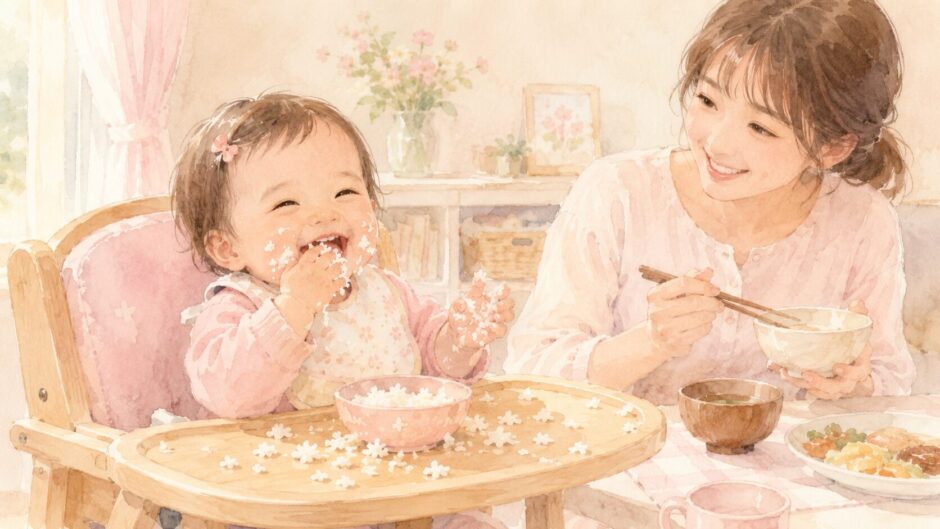手づかみ食べで米粒だらけになりながら笑う赤ちゃんと、ニコニコ見守りながら一緒に食事する母親の水彩イラスト