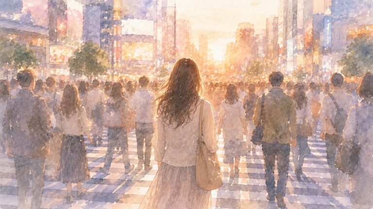 人混みの交差点をひとり歩く女性の後ろ姿の水彩風イラスト
