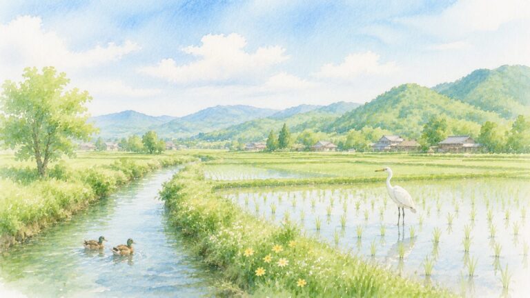 田んぼに鷺、小川に鴨がいるのどかな田園風景の水彩風イラスト