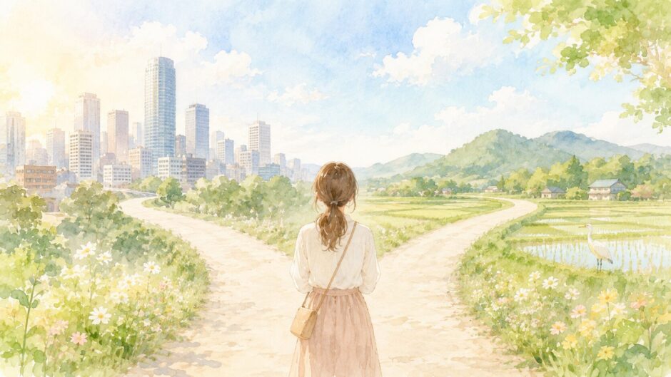 分かれ道に立つ女性の後ろ姿。左は都会のビル群、右は田んぼの広がる田舎道の水彩風イラスト