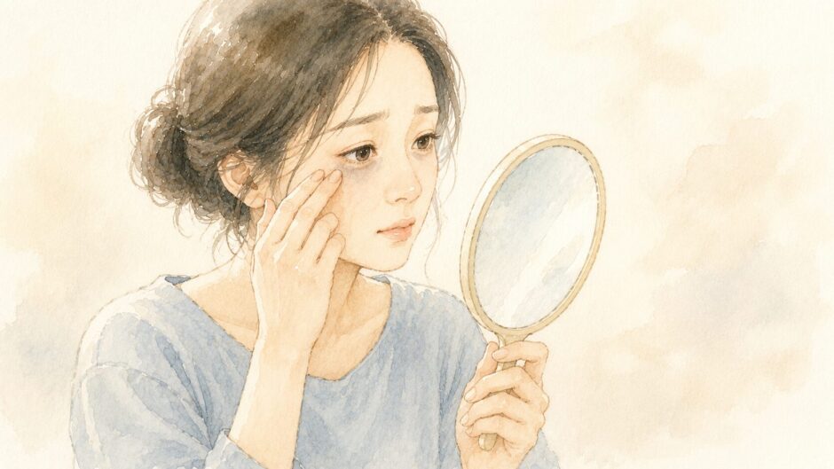 手鏡で目の下のクマを確認する女性のイラスト