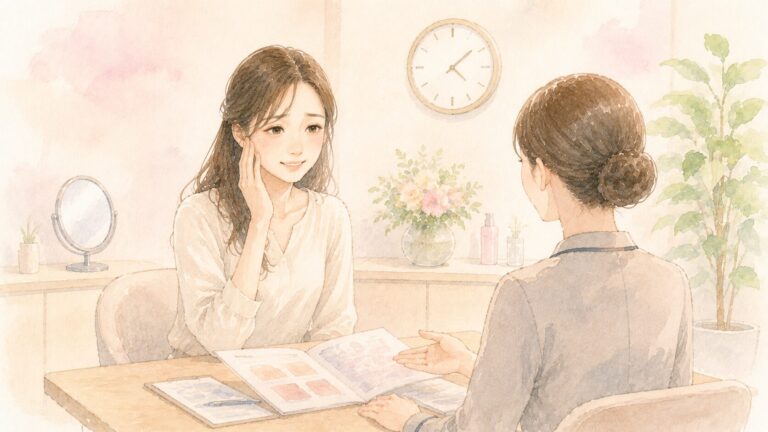 美容クリニックのカウンセリングルームで話を聞く女性のイラスト