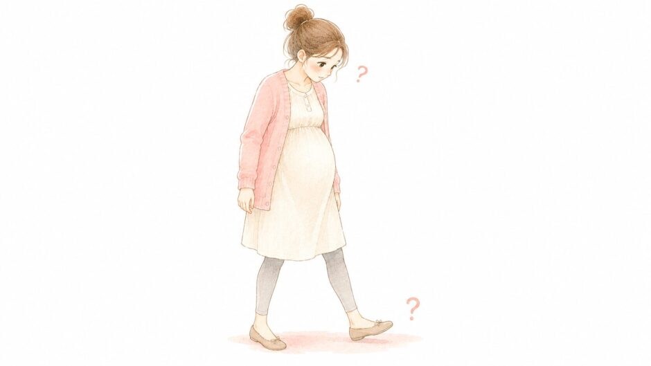 妊娠中に歩きながら足元を見て、あれ？と首をかしげる妊婦さんのイラスト