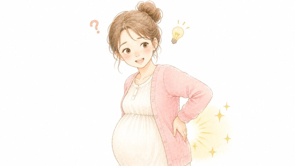 ぎっくり腰が回復して驚く妊婦さんのイラスト。なぜ治りが早い？のイメージ