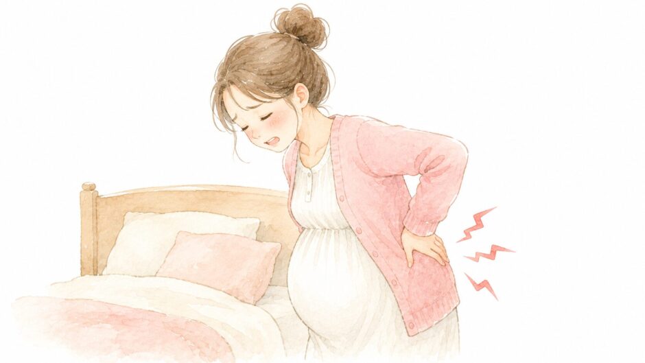 妊娠中にぎっくり腰になり、ベッドのそばで腰を押さえる妊婦さんのイラスト