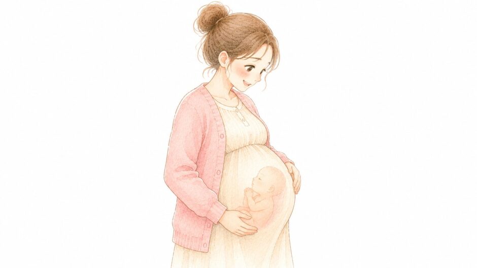 お腹の中で頭が上向き（逆子）の赤ちゃんに、優しく話しかける妊婦さんのイラスト