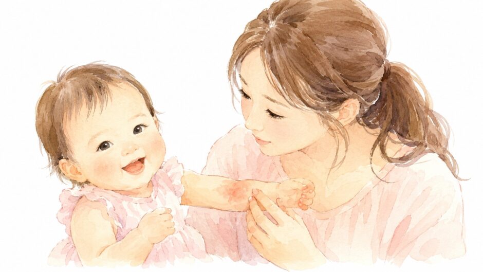 赤ちゃんの腕をやさしく見つめるママの水彩イラスト