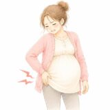 妊娠中に下腹の脇（靭帯）の痛みを感じて押さえる妊婦さんのイラスト