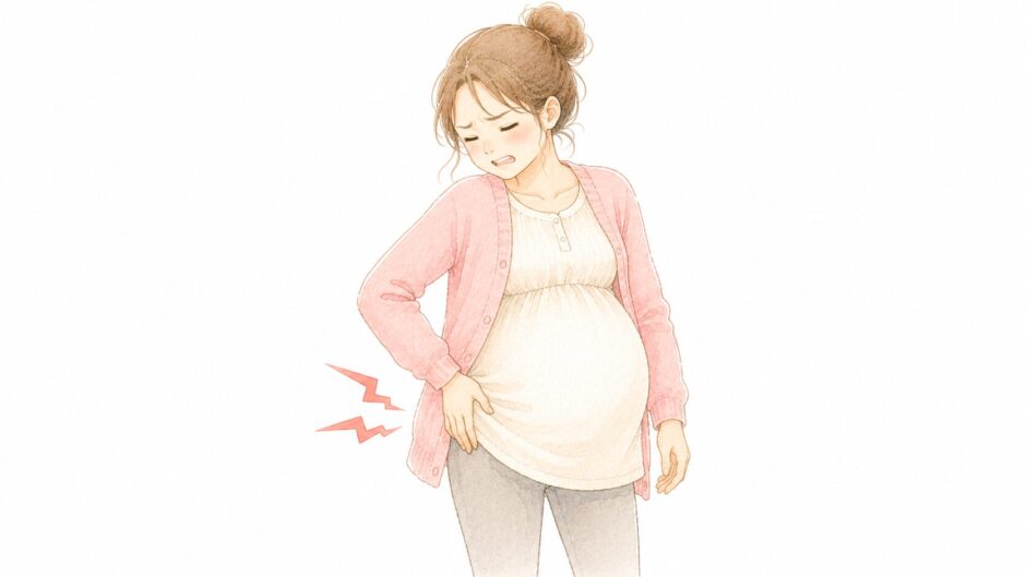 妊娠中に下腹の脇（靭帯）の痛みを感じて押さえる妊婦さんのイラスト