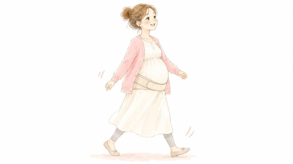 骨盤ベルトを着けて軽やかに歩く妊婦さんのイラスト