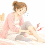 妊娠中にふくらはぎがつって、ベッドの上で押さえる妊婦さんのイラスト