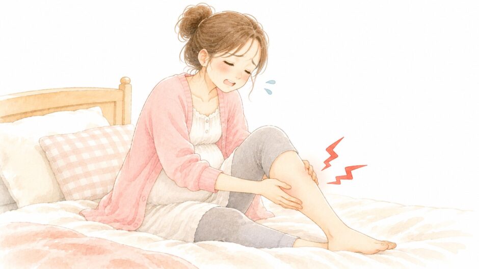 妊娠中にふくらはぎがつって、ベッドの上で押さえる妊婦さんのイラスト